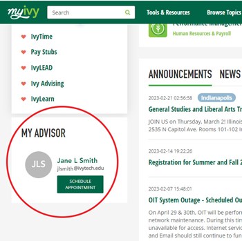 Screenshot of MyIvy with My Advisor section displayed in lower left.