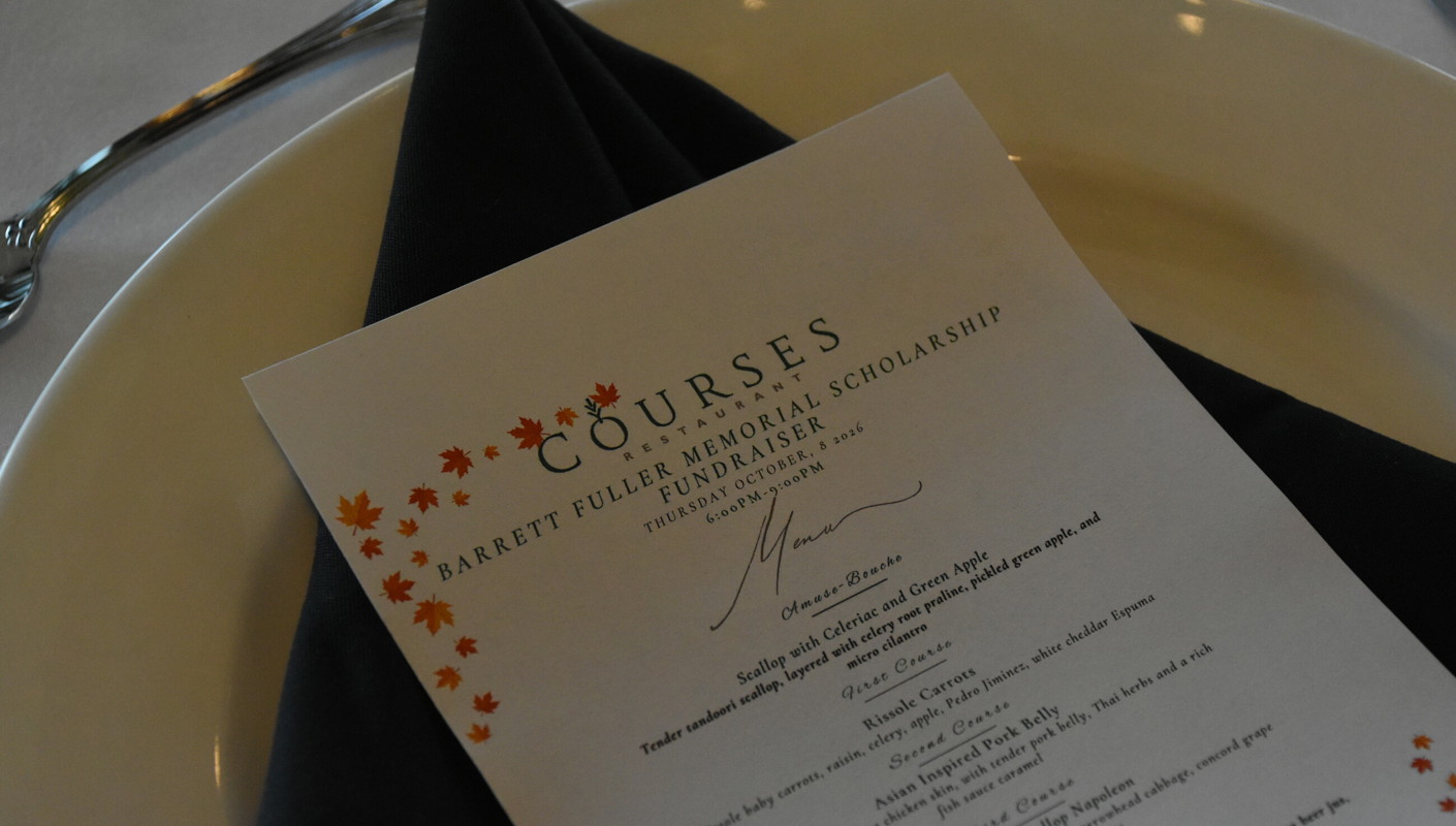 The menu for the Barrett Fuller Memorial Scholarship Fundraiser dinner. 