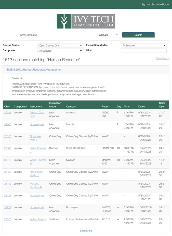 Course Search Tool Screenshot