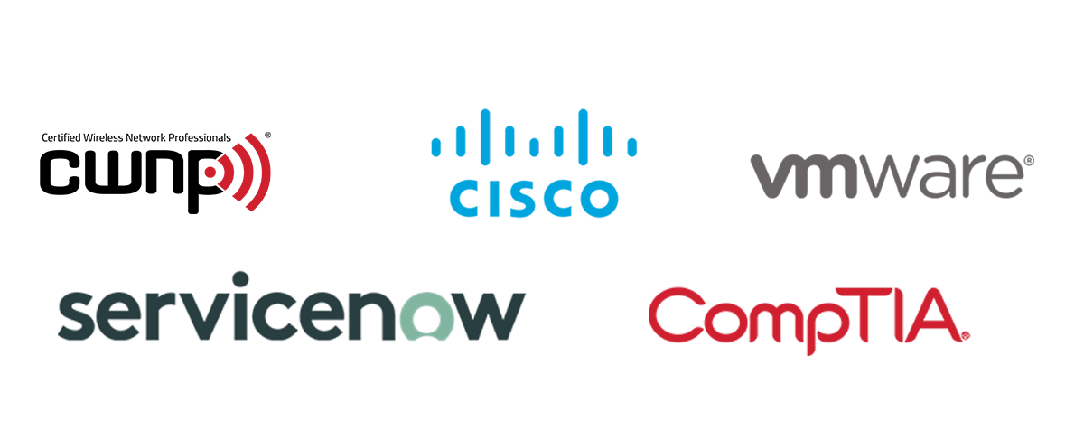 Certified Wireless Network Professionals, CompTIA, CISCO, VM Ware, and Service Now logos.