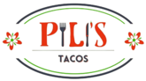 Pilis Party Taco restaurant logo that says Pili's Tacos in red font