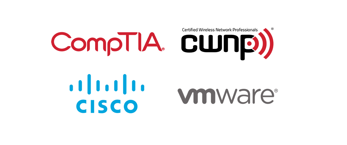 CompTIA, Certified Wireless Network Professionals, VM Ware, and CISCO logos