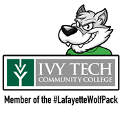Ivy Tech Logo with Mascot Wolf Graphic and Member of the #LafayetteWolfPack